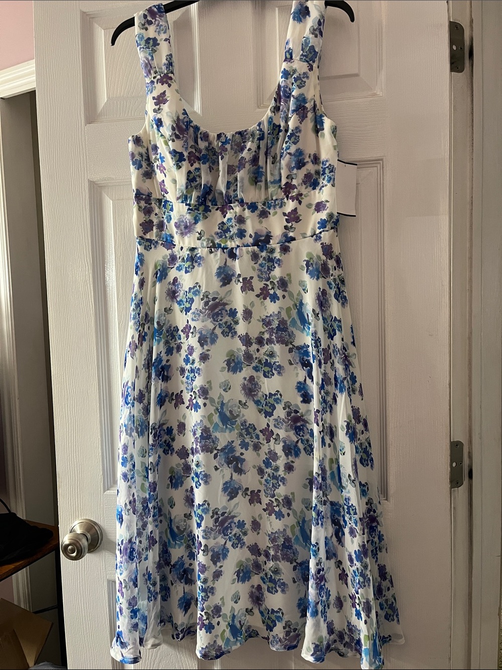 Connected Apparel White Floral Dress with Blue & Purple Flowers Size 12